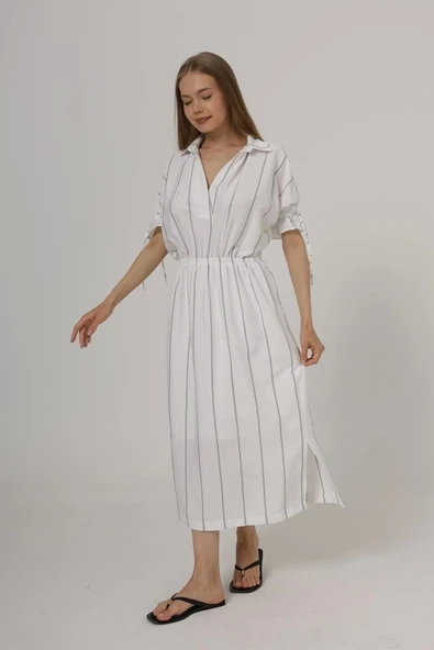 Beli Lastikli Elbise - Beyaz - Resim 4