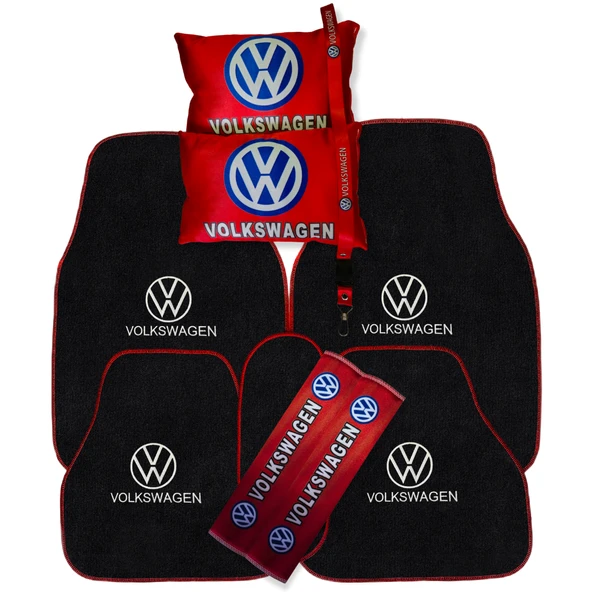 Volkswagen Nakışlı Oto Halı Paspas Volkswagen Dijital Baskılı Kırmızı Yastık & Emniyet Kemer Pedi ürün görseli