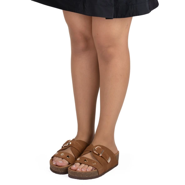 Kadın Hakiki Süet Deri 4,5cm Dolgu Topuklu Rahat Kalıp Günlük Yazlık Terlik - Resim 4