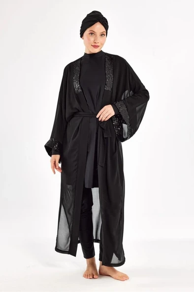 Adasea 251132 Siyah Taşlı Pareolu Tam Boy Tasarım Tesettür Mayo - Resim 5