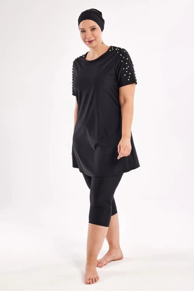 Adasea 251805 Tole Siyah Büyük Beden Kısa Kol Taytlı Mayo - Resim 4