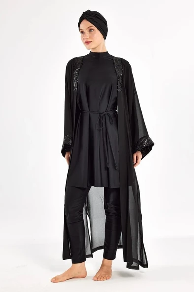 Adasea 251132 Siyah Taşlı Pareolu Tam Boy Tasarım Tesettür Mayo - Resim 7