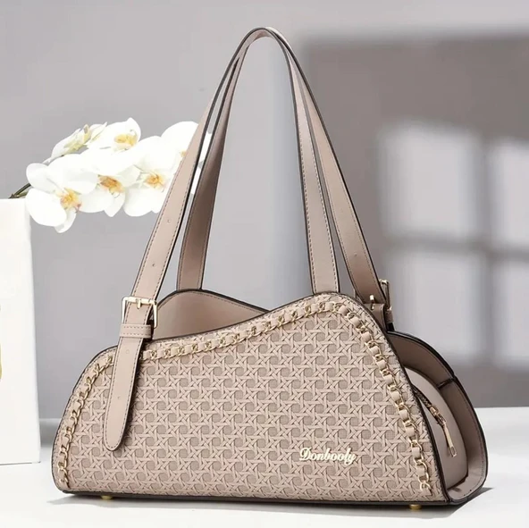 Kadın Ten Lüks Dokuma Izgara Omuz ve El Çantası