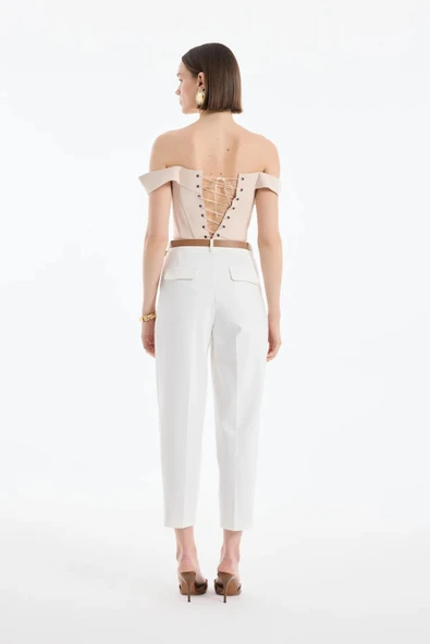 Quzu Yüksek Bel Kemerli Pensli Kadın Pantolon - Resim 3