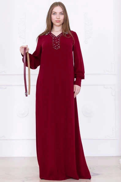 Yaka İşleme Detaylı Kemerli Rahat Form Elbise 1016-Bordo - 2