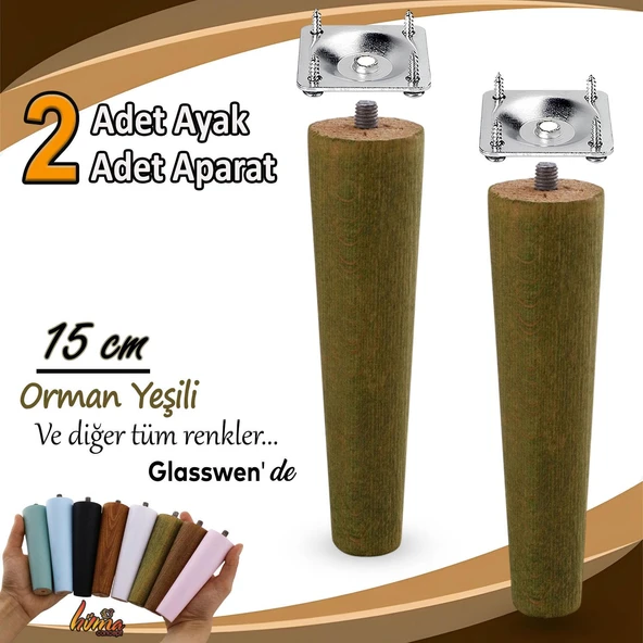 2 Adet Ahşap Ayak 15 Cm Orman Yeşili M8 Civatalı Bağlantı Aparatlı Dolap Mobilya Koltuk Kanepe Destek Ayağı Ayakları