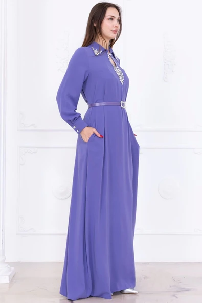 Yaka İşleme Detaylı Rahat Form Elbise 1013-Lila - 6