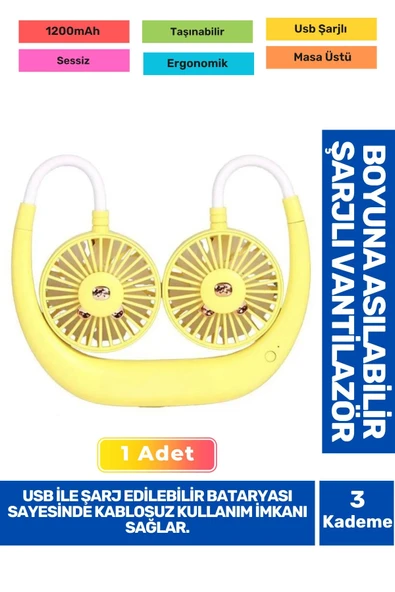 3 Kademeli Ultra Sessiz Sarı Eller Serbest Boyuna Asılabilir Şarjlı Klima Soğutucu Fan Vantilatör ürün görseli 1
