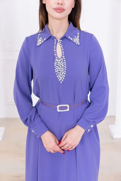 Yaka İşleme Detaylı Rahat Form Elbise 1013-Lila - 3