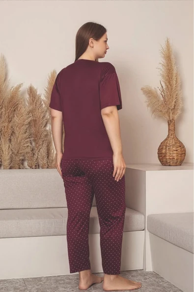 Charme Kadın Büyük Beden Bisiklet Yaka MİLAN Likralı Kısa Kol Pijama Takımı K601/252 - 1 Adet  Bordo 2XL - Resim 3