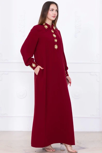 Yaka ve Manşet İşleme Detaylı Rahat Form Elbise 1014-Bordo - 6