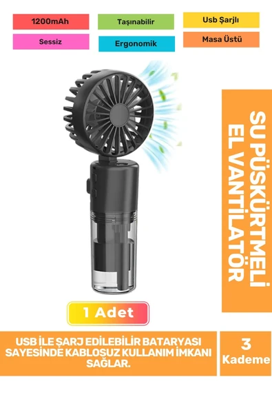 Su Püskürtmeli Ultra Sessiz 3 Kademeli Hafif Kablosuz Taşınabilir Usb Şarjlı Masa El Fanı Vantilatör