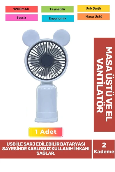 2 Kademeli Ultra Sessiz Hafif Kablosuz 1200mAh Pervaneli Taşınabilir Usb Şarj Masa El Fan Vantilatör ürün görseli 1