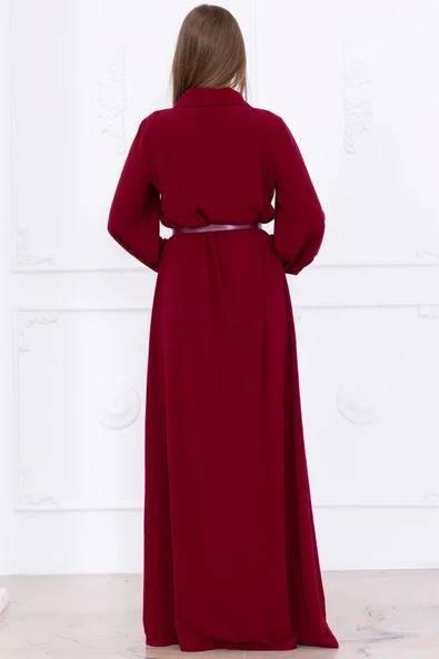 Yaka İşleme Detaylı Kemerli Rahat Form Elbise 1016-Bordo - 6