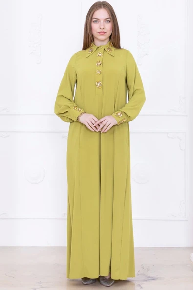 Yaka ve Manşet İşleme Detaylı Rahat Form Elbise 1014-Olive