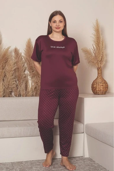 Charme Kadın Büyük Beden Bisiklet Yaka MİLAN Likralı Kısa Kol Pijama Takımı K601/252 - 1 Adet  Bordo 2XL - Resim 2