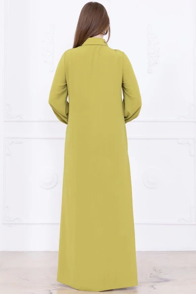 Yaka ve Manşet İşleme Detaylı Rahat Form Elbise 1014-Olive - 6
