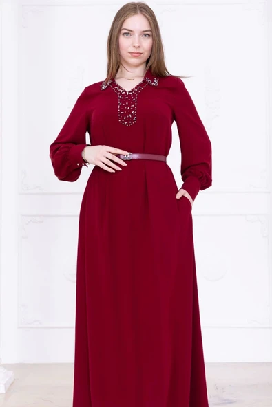 Yaka İşleme Detaylı Kemerli Rahat Form Elbise 1016-Bordo - 5