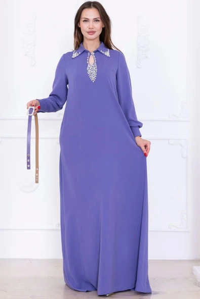 Yaka İşleme Detaylı Rahat Form Elbise 1013-Lila - 5
