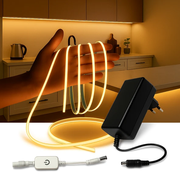 COB LED Şerit 5m 12V Beyaz Işık 320LED/m 8mm IP20 Adaptör ve Dokunmatik Tuş Dahil Yapışkanlı Aydınlatma Hortumu - 1