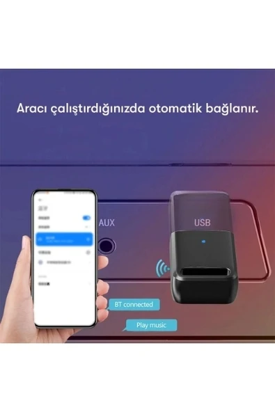 Bluetooth Kablosuz Mini Araç Kiti Wireless Usb Aux Dönüştürücü + Bilgisayar Laptop Aktarıcı Çevirici - 5