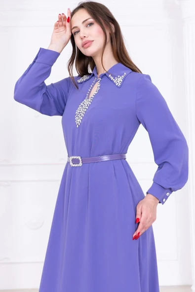 Yaka İşleme Detaylı Rahat Form Elbise 1013-Lila - 4
