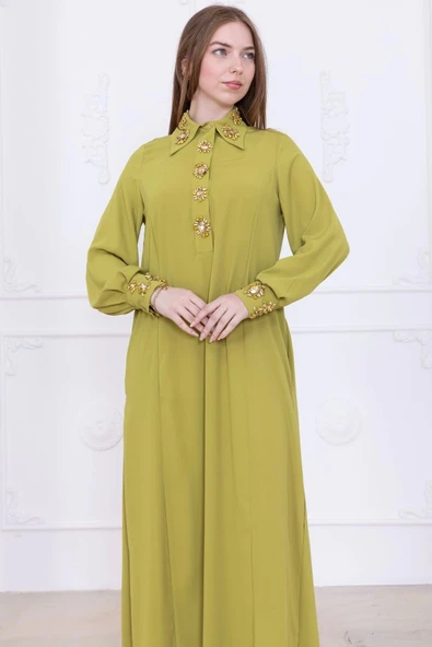 Yaka ve Manşet İşleme Detaylı Rahat Form Elbise 1014-Olive - 2