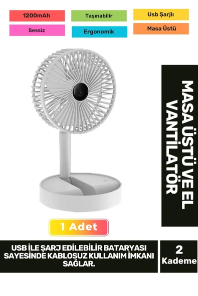 Kablosuz Sessiz Usb Şarjlı 3 Kademeli Hafif 1200mAh Pervaneli Taşınabilir Masa El Fanı Vantilatör