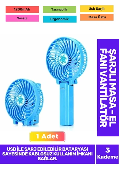 Ultra Sessiz 3 Kademeli Hafif Kablosuz 1200mAh Pervaneli Taşınabilir Usb ŞarjlMasa El Fan Vantilatör ürün görseli