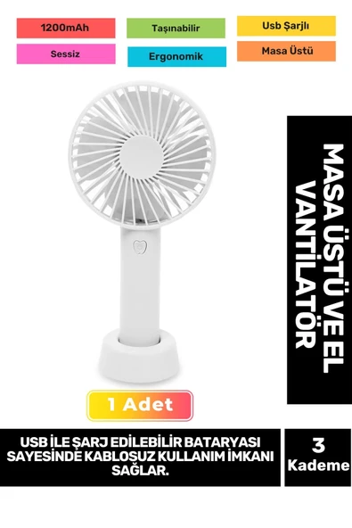 3 Kademeli Ultra Sessiz Hafif Kablosuz 1200mAh Pervaneli Taşınabilir Usb Şarj Masa El Fan Vantilatör ürün görseli 1