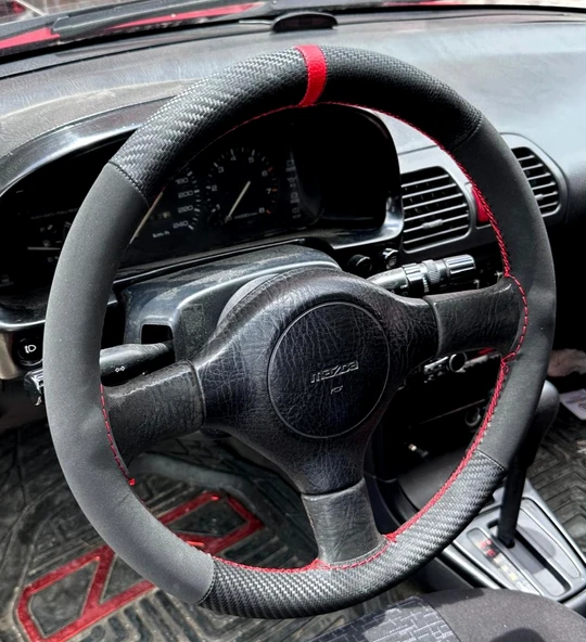 DİKİŞLİ DİREKSİYON KILIFI KARBON NUBUK DERİ KIRMIZI YÜZÜK / DİKİŞLİ MAZDA 323 İÇİN - Resim 2