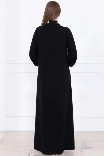 Yaka ve Manşet İşleme Detaylı Rahat Form Elbise 1014-Siyah - 6