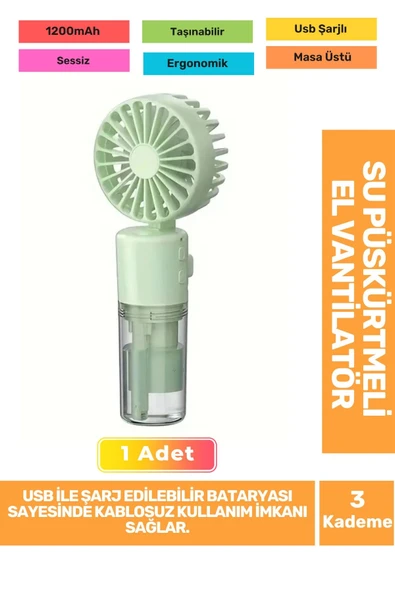 Su Püskürtmeli Ultra Sessiz 3 Kademeli Hafif Kablosuz Taşınabilir Usb Şarjlı Masa El Fanı Vantilatör