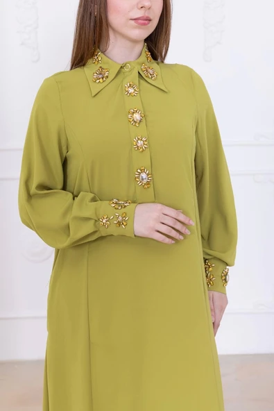 Yaka ve Manşet İşleme Detaylı Rahat Form Elbise 1014-Olive - 3