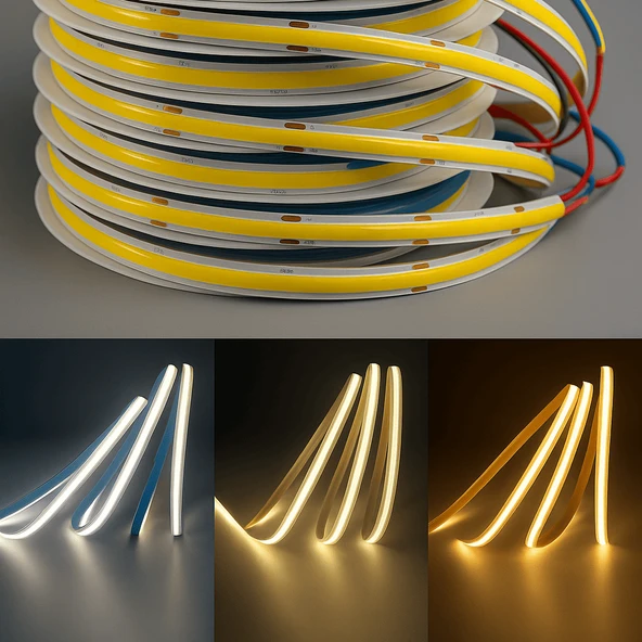 COB LED Şerit 5m 12V Beyaz Işık 320LED/m 8mm IP20 Adaptör ve Dokunmatik Tuş Dahil Yapışkanlı Aydınlatma Hortumu - 12