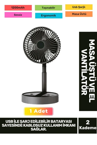 Kablosuz Sessiz Usb Şarjlı 3 Kademeli Hafif 1200mAh Pervaneli Taşınabilir Masa El Fanı Vantilatör