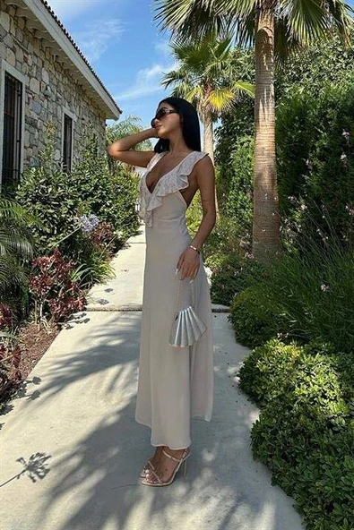 Emaline Sırt Dekolteli Şifon Elbise 2465-08 - 5