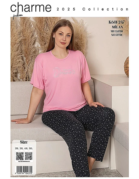 Charme Kadın Büyük Beden Bisiklet Yaka MİLAN Likralı Kısa Kol Pijama Takımı K601/247 - 1 Adet  Pembe 3XL - Resim 3