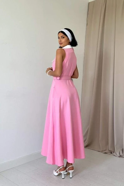 Pembe Geniş Yakalı Halter Kollu Elbise - 4