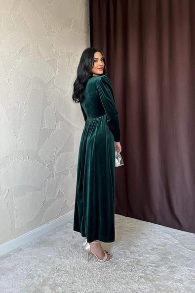 Zümrüt Göğüs Altı Taşlı Elbise - 4