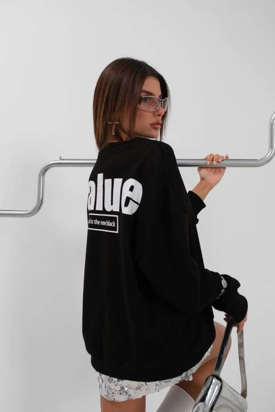 Baskılı Sıfır Yaka Oversize Sweatshirt - 3
