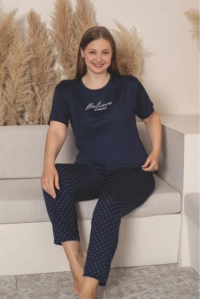 Charme Kadın Büyük Beden Bisiklet Yaka MİLAN Likralı Kısa Kol Pijama Takımı K601/254 - 1 Adet  Lacivert 2XL