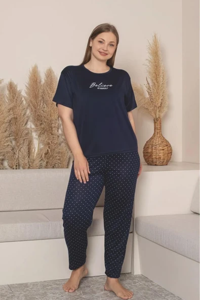 Charme Kadın Büyük Beden Bisiklet Yaka MİLAN Likralı Kısa Kol Pijama Takımı K601/254 - 1 Adet  4XL Lacivert - 2