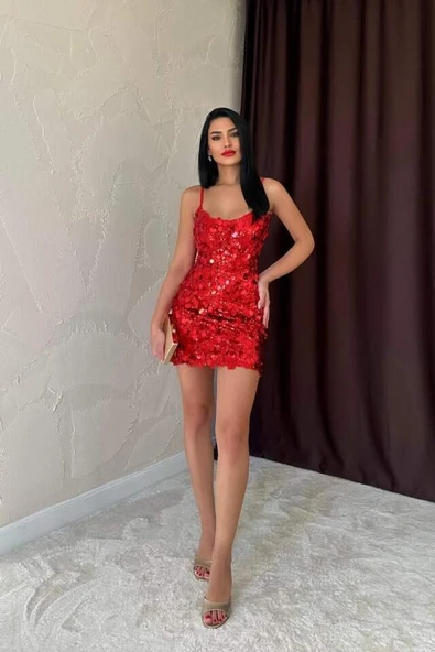 Kırmızı Payetli Askılı Elbise - 2