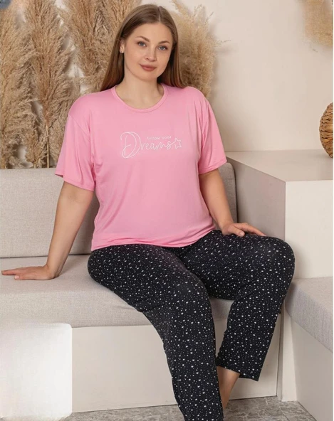 Charme Kadın Büyük Beden Bisiklet Yaka MİLAN Likralı Kısa Kol Pijama Takımı K601/247 - 1 Adet  4XL Pembe