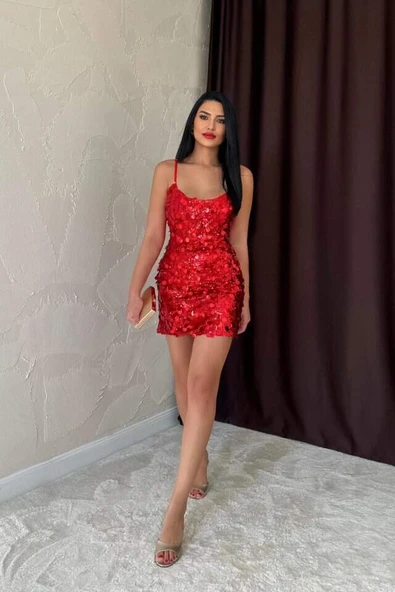 Kırmızı Payetli Askılı Elbise - 3