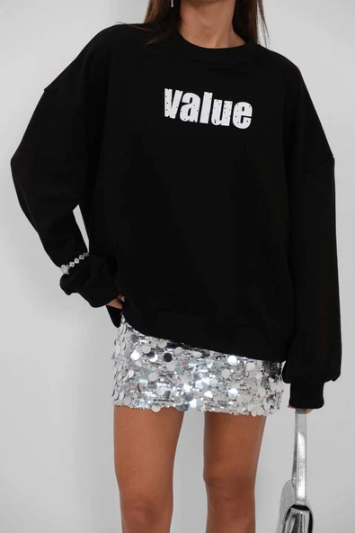 Baskılı Sıfır Yaka Oversize Sweatshirt - 4