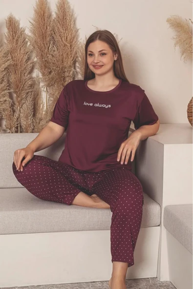 Charme Kadın Büyük Beden Bisiklet Yaka MİLAN Likralı Kısa Kol Pijama Takımı K601/252 - 1 Adet  Bordo 5XL