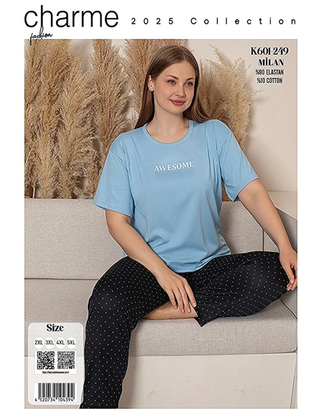 Charme Kadın Büyük Beden Bisiklet Yaka MİLAN Likralı Kısa Kol Pijama Takımı K601/249 - 1 Adet  Mavi 3XL - Resim 3