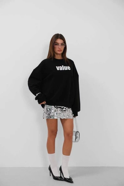Baskılı Sıfır Yaka Oversize Sweatshirt - 2